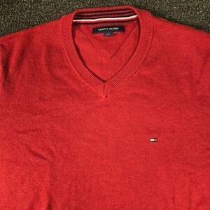 Tommy Hilfiger Mens  dark Red V-Neck Cotton Knit Sweater Flag Logo Size M
